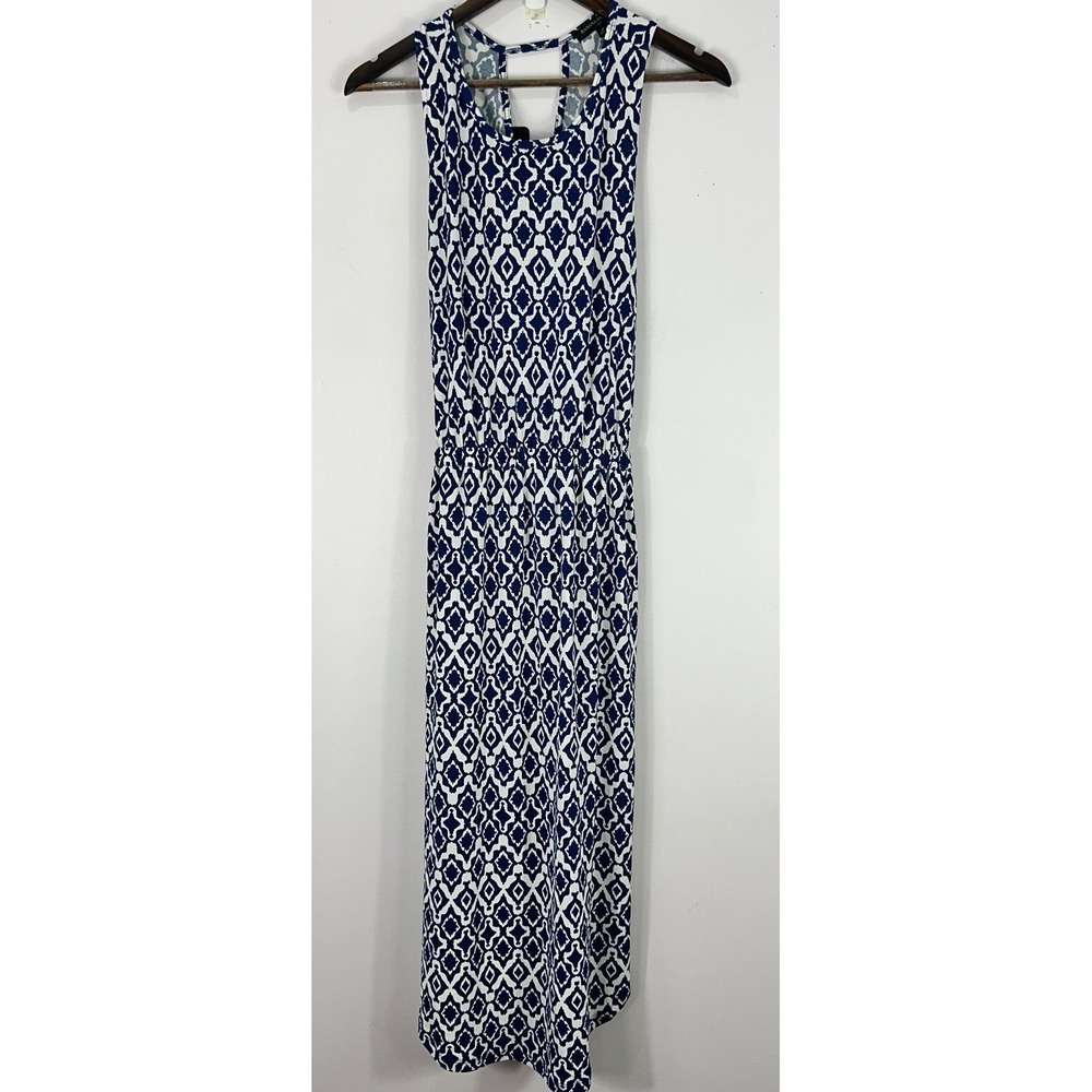 Banana Republic Ikat Maxi Dress Womens Medium Blue White Sleeveless‎ Resort Chic